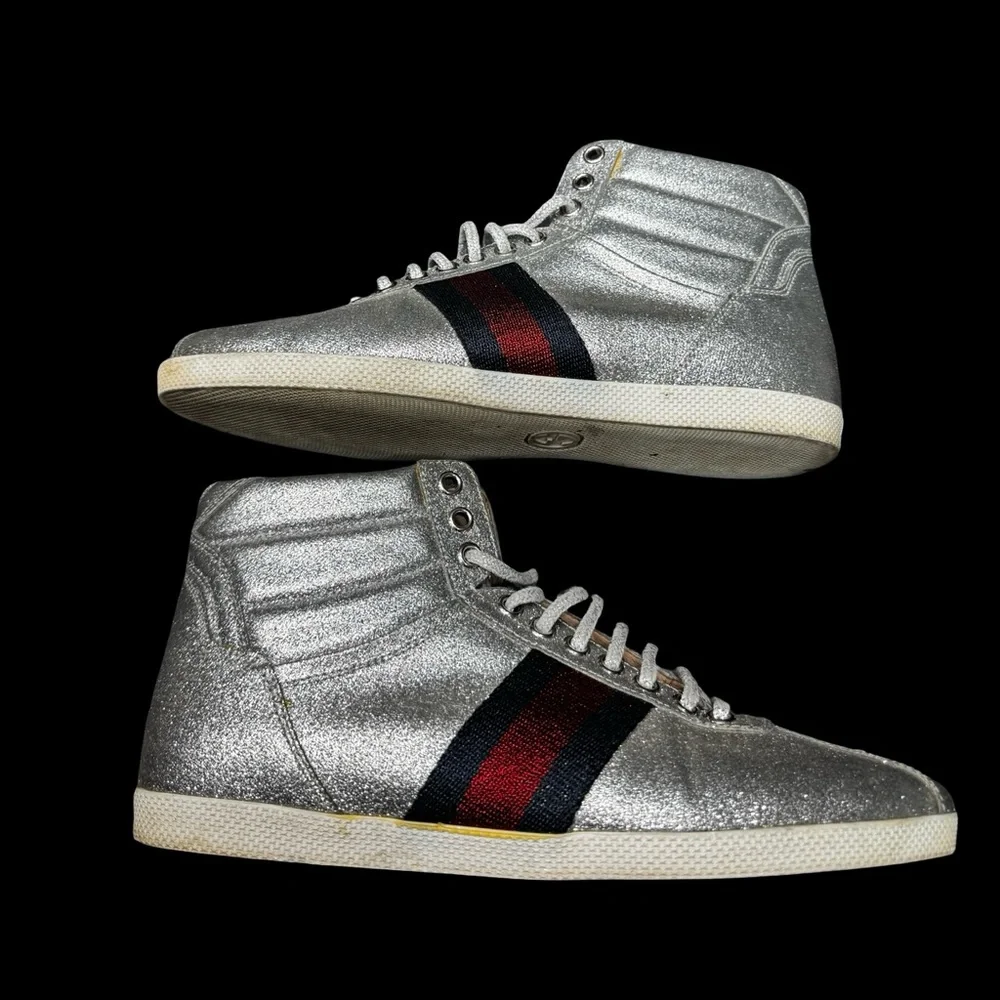 Gucci Bambi Silver Glitter High Top Sneakers EU38 Web Stripe Italy Luxury